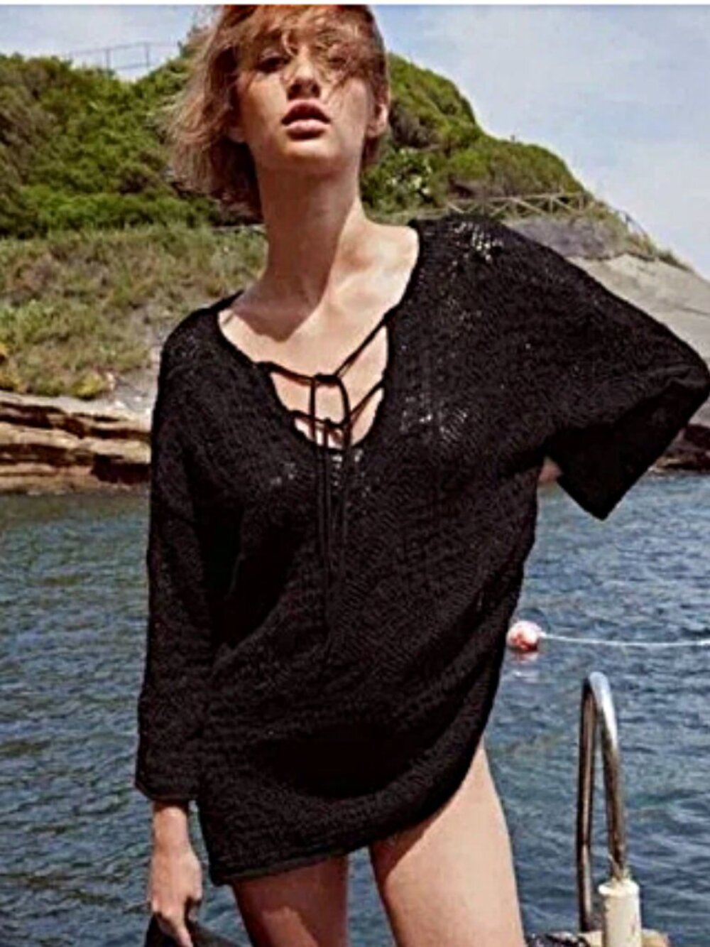 ZARA Long Bell-Sleeve Black Crochet Knit Short Coverup Dress--NWT--M